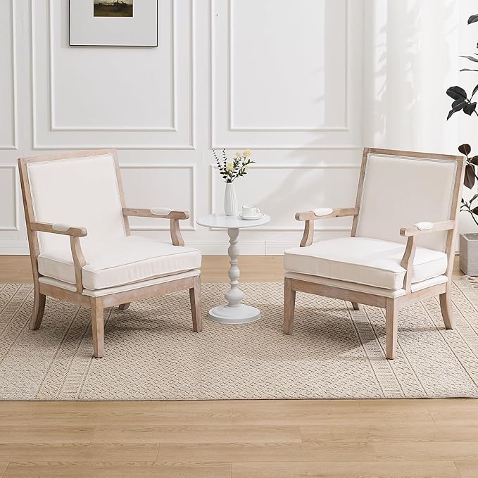 Modern Farmhouse Accent Chairs Set of 2 Wide Upholstered Living Room Chairs with Armrest Pads Coastal French Country Wooden Armchairs for Bedroom Guest Room Beige Linen Fabric