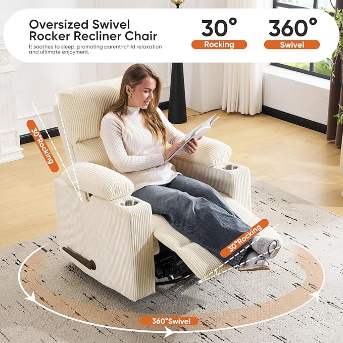 Swivel Rocker Recliner with Adjustable Armrests Rocking Nursery Chair with Adjustable Headrest Cup Holder Manual Recliner Nursing Chair for Breastfeeding Corduroy Beige
