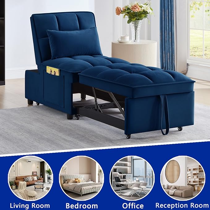 4 in 1 Sleeper Chair with Pullout BedConvertible Lazy Sleeper Sofa Chair withStorage Pockets &amp Adiustable Backrest forLiving Room (Navy)