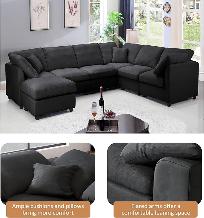 117 Modular Sectional SofaU Shaped Chenille Sofa Set with Movable OttomanModern 7-Seat Cloud Sectional Couches for Living Room Home Office (Black 117 U-7 Seater)