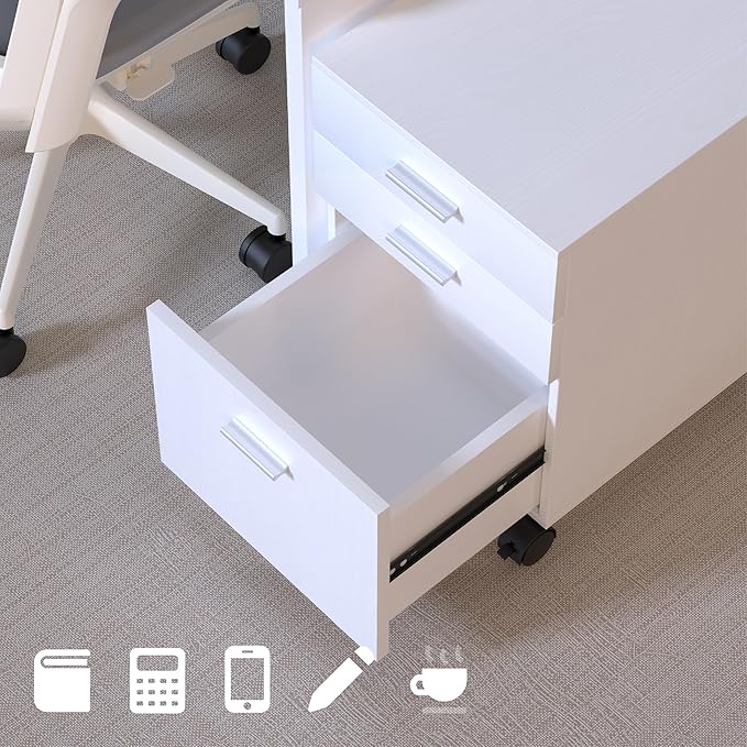 3 Drawer File CabinetPreassembled White Wooden Storage Organizer for FilesUnder Desk Printer StandMobile on Wheels19 L x 16 W x 22 H