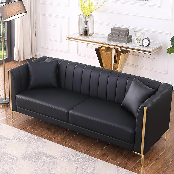 FOTOSOK Black Leather Couch Sofa Office Couches for Living Room 78'' Apartment Faux Leather Sofa with 2 Throw Pillows and Gold Metal Legs Waterproof 3 Seater Couches for Small Living Room