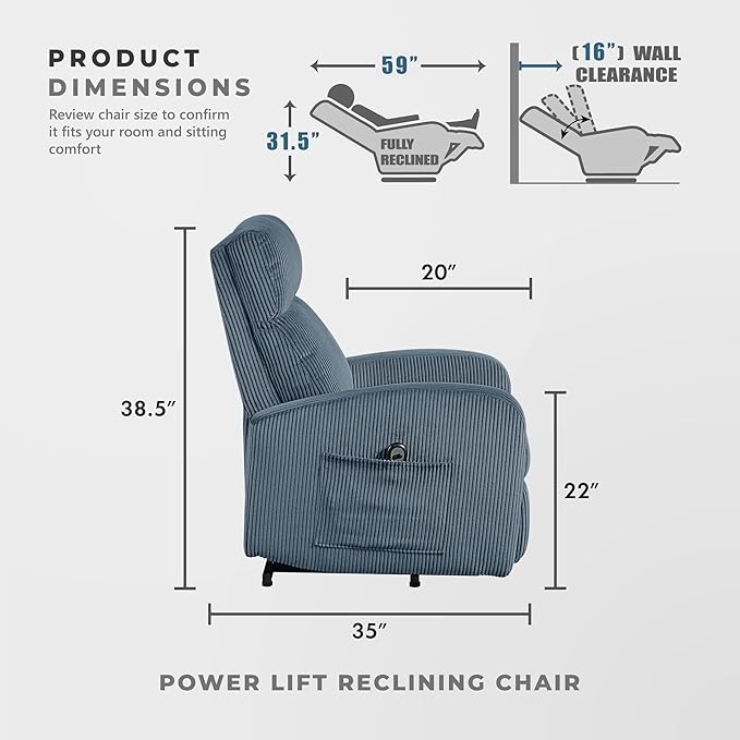 Lexicon Power Lift Recliner Chair for Elderly with Remote Control Gentle Lift Motion Side Pocket Armrest Corduroy Upholstered Electric Recliner for Living Room/Bedroom Easy Assembly Midnight Blue