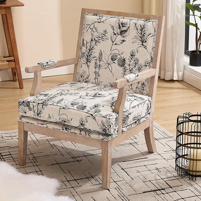 Modern Farmhouse Accent Chair Wide Linen Upholstered Living Room Chair with Armrest Pads Coastal French Country Wooden Armchair for Bedroom Guest Room Floral Pattern