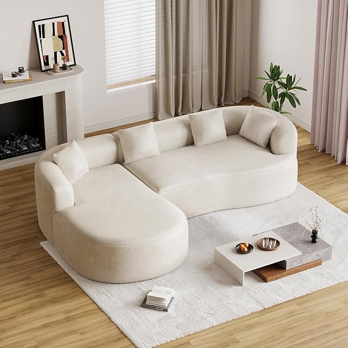 Oversized Sectional Sofa with Left Chaise for Living Room 111 Modern Curved L Shape Cloud Couch with Extra Deep Seat Modern Luxury Chenille 4 Seater No Assembly Required Beige White