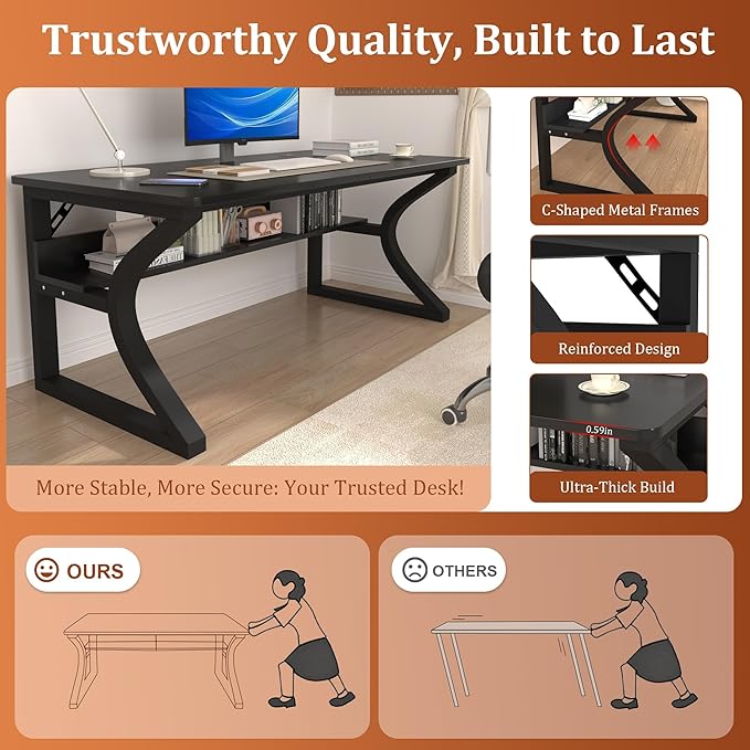 Computer Desk 47'' Computer Desk Home Office Desks w/Storage Shelves &amp U Shaped Metal Frame Study Writing Desk w/Cable Management Deeper &amp Thicker Desktop Table for Home Office