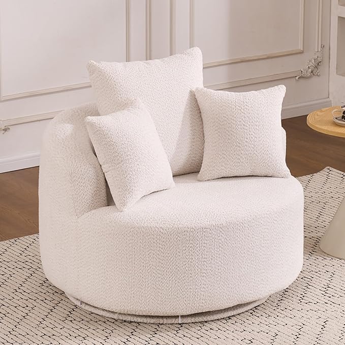 40” White Round Swivel Chair with 3 Pillows &amp Thick Cushion Oversized 360° Swivel Accent Chair Modern Boucle Armchair for Nursery Living Room Bedroom Club