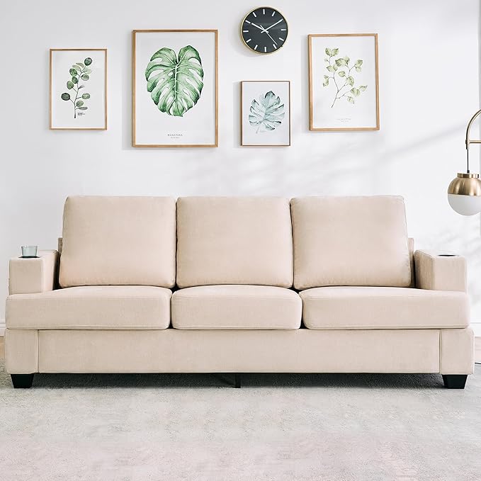 Garvee Chenill Sofa for Living Room 89-Inch Comfy Couches with Deep Seat Modern 3-Seater Sofa Couch with Cup Holders and Side Storage Pockets for Apartment Lounge Beige