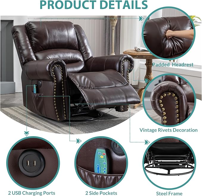 MEETWARM Massage Swivel Rocker Recliner with Heat and Vibration Manual Glider Rocking Recliner Chair 360°Swivel Lounge Reclining Chair with Remote Control/USB Ports for Living Room(Dark Brown)