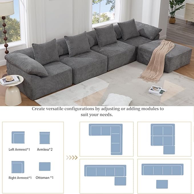 142 L Shaped Chenille Sectional Sofa Oversized Fluffy Cloud Couch with Memory Foam 5 Seater Modular Sleeper Sofa with Ottoman for Living Room No Assembly Gray