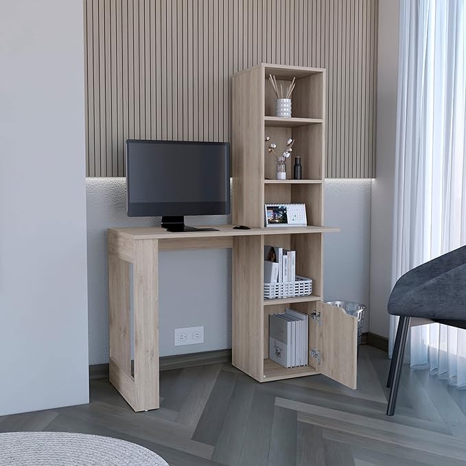 Writing Desk Computer Desk with Bookcase and Cabinet Interlocking Mechanism Easy Assembly for Home Office Light Gray