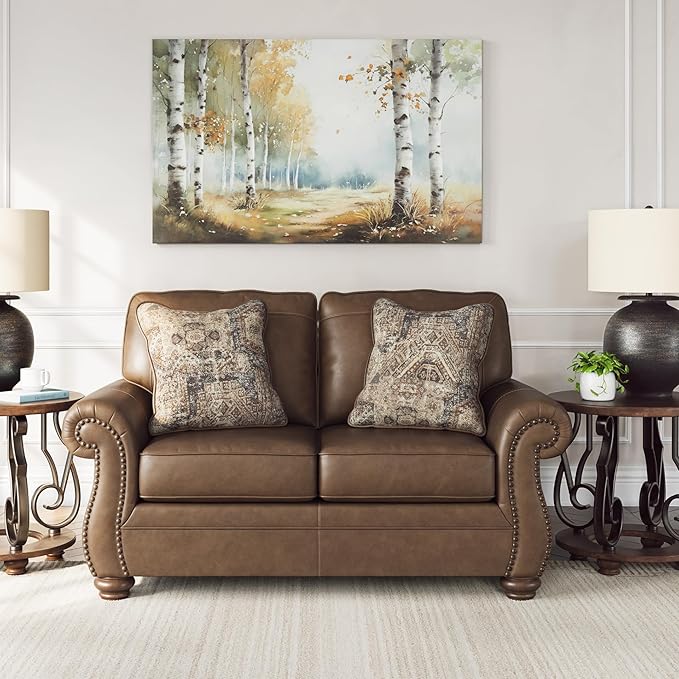 Signature Design by Ashley Shadsburne Rustic Faux Leather Loveseat with Nailhead Trim and 2 Throw Pillows Brown
