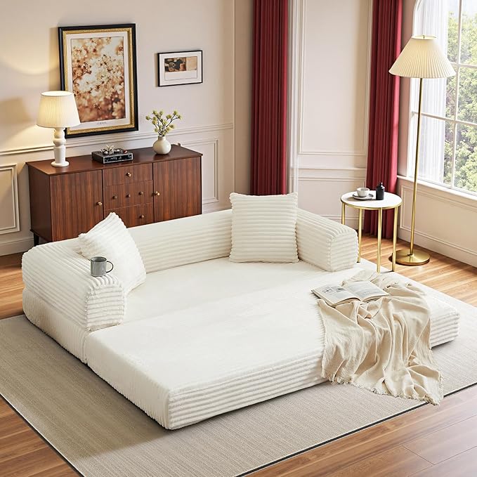 Boneless Couch Versatile Couches for Living Room No-Install Sofa Bed Corduroy Futon Soft Cloud Couch with Pillows for Bedroom Game Movie
