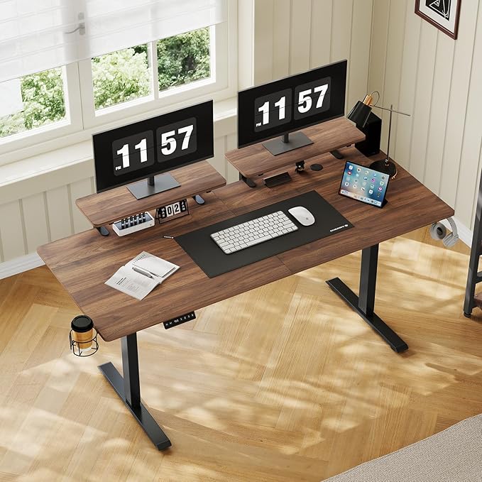 63 x 24 Inches Electric Standing Desk with 2 Monitor Shelves Adjustable Computer Desk from 28-46'' Sit to Stand UpHome Office Desk with Memory Controlller for Workstations Walnut