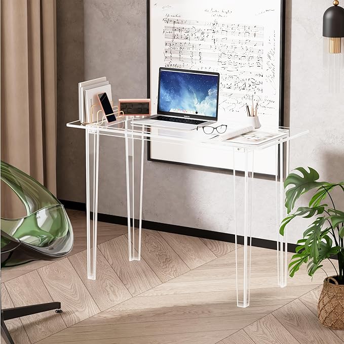 Acrylic Desk - Clear Acrylic Table Modern Home Office Study Table Extended Surface Multi-Purpose Console Sturdy Lightweight Workstation for Small Spaces (Transparent-L)