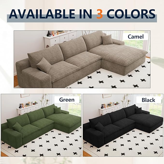 107”Cloud Sectional Couch Boneless Sofa for Living Room Modular Sectional Sofa with Deep Seat Fluffy Comfy Couch with L-Shaped Chaise No Assembly Required Comfy Upholstered Corduroy Couches Right