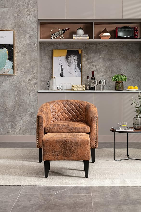 Accent Chair with Ottoman Mid Century Modern Barrel Chair Upholstered Club Tub Round Arms Chair for Living Room