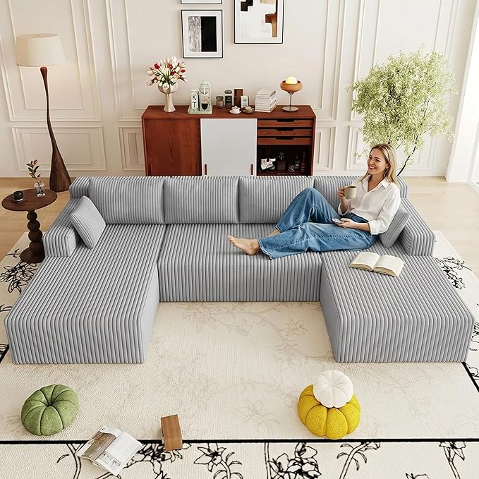 124 Cloud Sectional CouchModern U-Shaped Boneless Couch with Deep SeatComfy Corduroy 4-Seater SofaMemory Foam Sofa for Living RoomNo Assembly Required (Light Grey)