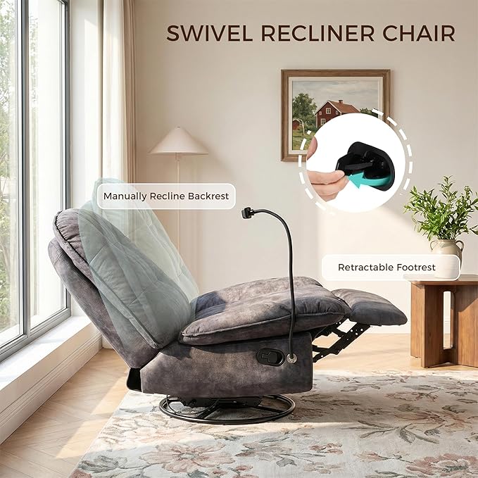Swivel Rocker Recliner Chair for Adult Glider Nursery Rocking Chair Armless Single Recliner Sofa for Living Room Oversized &amp Overstuffed Phone Holder Included Black