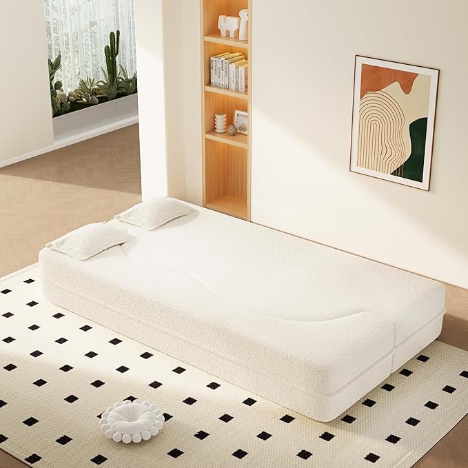 2 in 1 Convertible Compressed Sofa Bed 49'' Modern Boneless Single Sleeper in a Box Floor Mattress Futon Loveseat Couch No Assembly Needed Space Saving White 2 Pillows Twin for Living Room