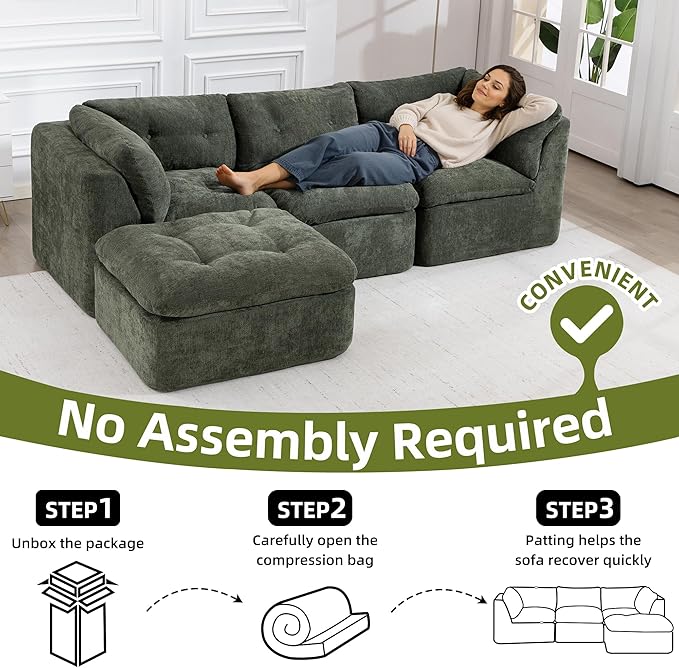 L Shaped Modular Sectional Sofa with Ottoman 106 Cloud Couch with Deep Seats &amp Layered Cushions No-Assembly Upholstered Sofa in a Box Boneless Couches for Living Room Green