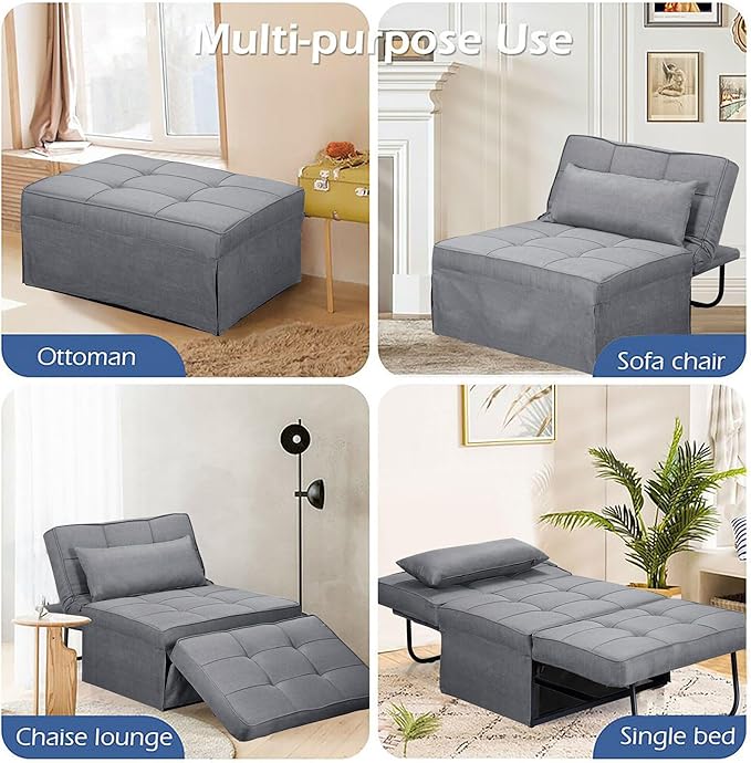 Ainfox Convertible Sofa Bed4-in-1 Multi-Functional Futon Chair Bed Folding &amp No Installation Sofa Couch with Adjustable Backrest Recliner for Living Room Small Spaces and Office(Light Grey)