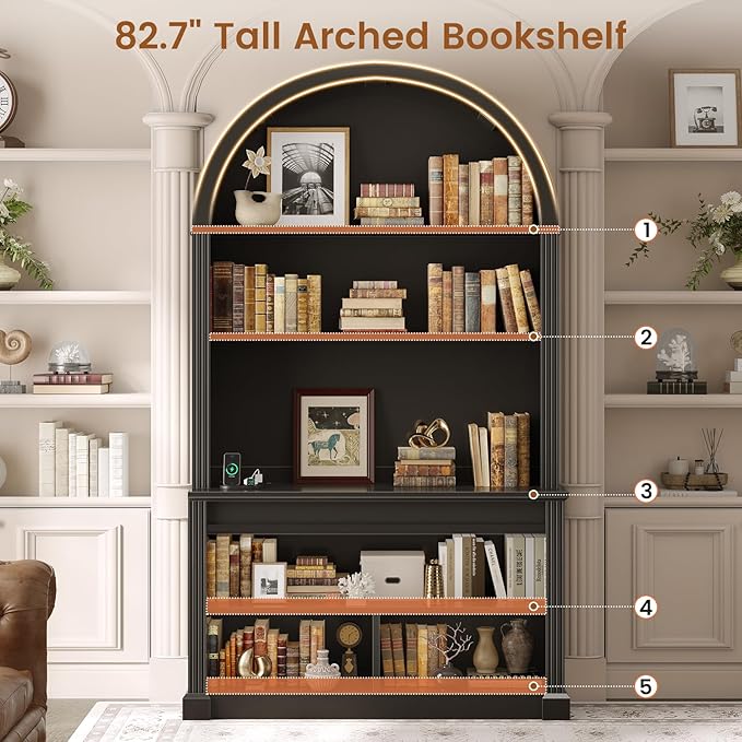 SEDETA 67 L Shaped Desk with Tall Arched Bookshelf Mid-Century Office Computer Desk with 3 Drawers and Storage Shelves Corner Executive Desk with Sliding Barn Door for Home Office Black