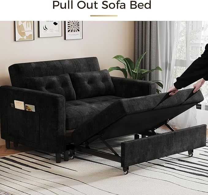 KKL 3 in 1 Convertible Sleeper Sofa Bed Pull Out Couch Bed with Adjustable Backrest Chenille Little Loveseat Couches with Side Pocket Small Futon Sofa Beds Couch for Living Room Bedroom (Black)