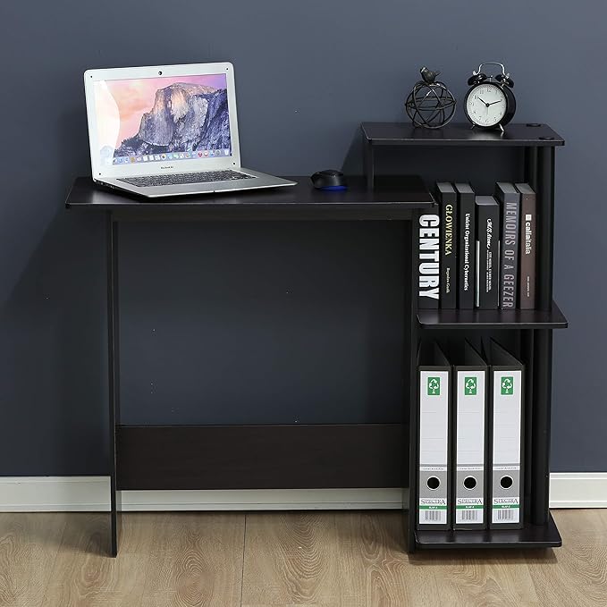 Furinno EFFICIENT Desk 28.6 Wide Gaming Desk with 3 Open Side Shelves Laptop Notebook Computer Desk Office Desk for Home Office Study Room Dorm Bedroom Dark Walnut