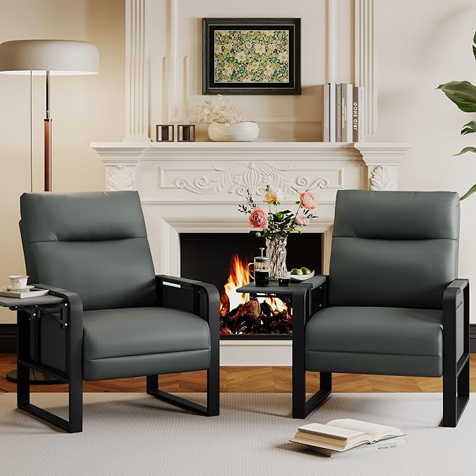 Upholstered Living Room Chair Armchair Set of 2 Mid Century Faux Leather Metal Accent Chair Reception Couch Slipper Club Lounge Chair Guest Comfy Single Sofa with Sidetable-Dark Grey