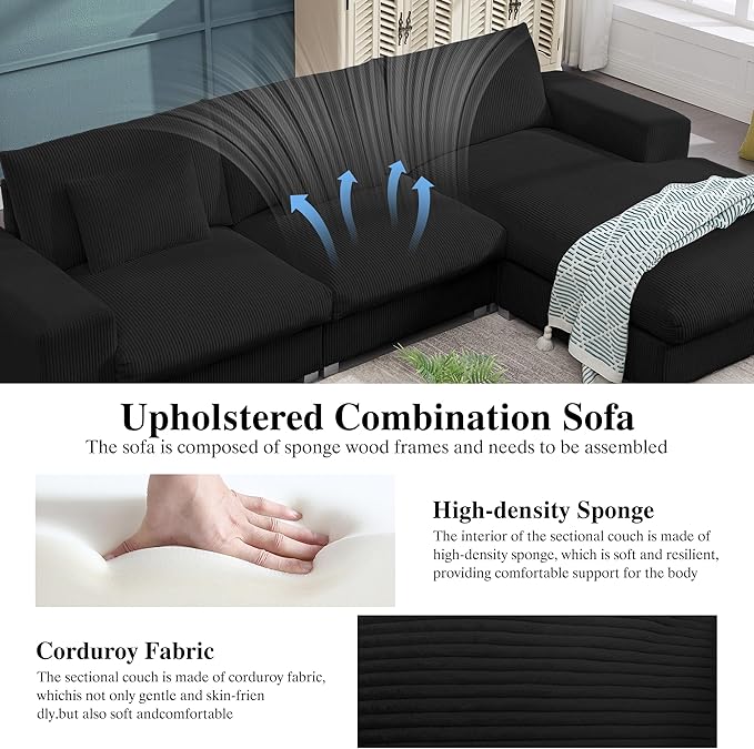 113 Inch Modular Sectional SofaModern l-Shaped Deep Seats Corduroy CouchSponge Couches with Chaise Lounge for Living Room Or Bedroom (Black)