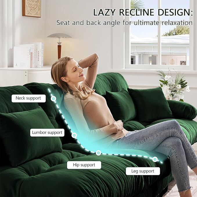94.4 L-Shape Modular Cloud Sectional Sofa with Chenille Plush Fabric - 2 Seater Couch with Deep Seat and Movable Ottoman for Living Room Apartment and Office - Green