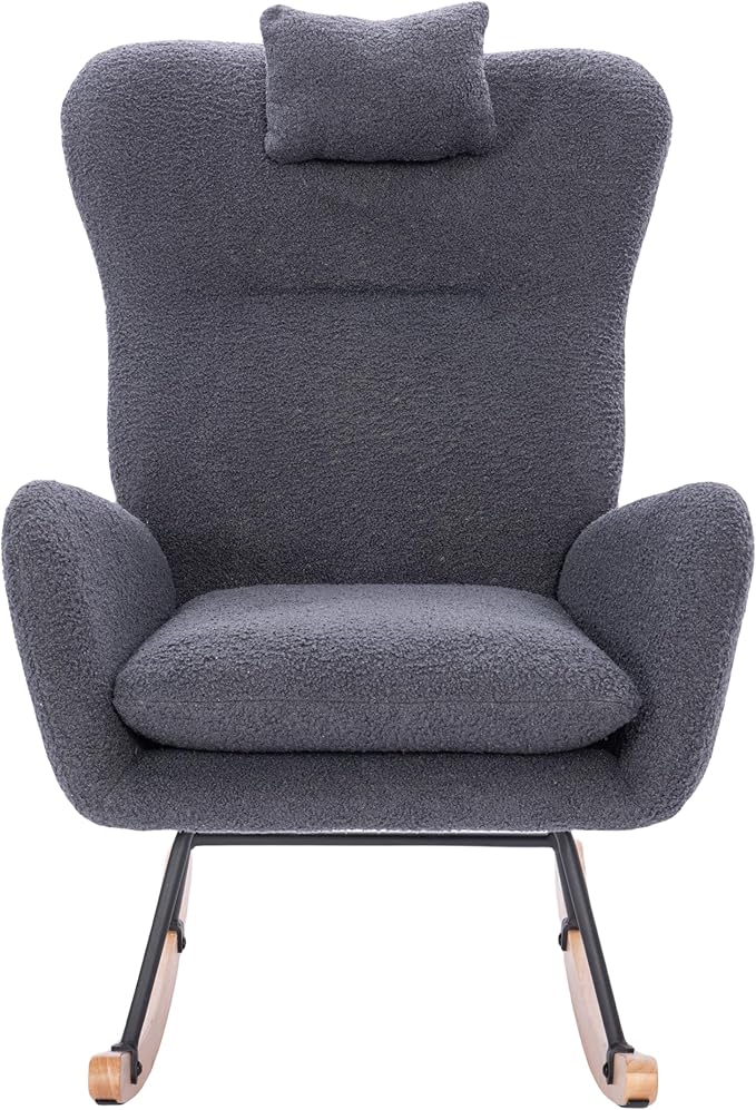 Modern Teddy Upholstered Nursery Rocking Chair for Living Room Bedroom(Dark Grey Teddy)