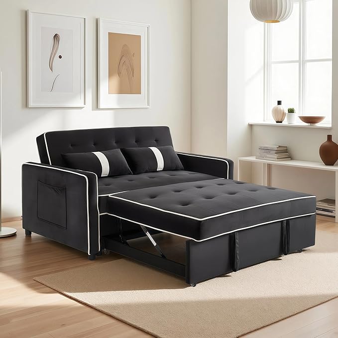 Loveseat Sleeper Sofa 3 in 1 Convertible Sofa Bed Adjustable Backrest Comfy Pull Out Couch Modern Upholstered Sofa for Living Room Bedroom Apartment Small Space (Black 1)