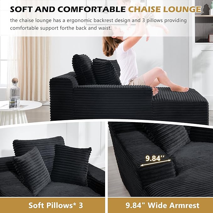 66 Oversized Chaise Lounge Chair Indoor Corduroy Upholstered Sofa Bed with Pocket Springs&ampHigh-Density Foam Deep Seat Sleeper Couch with 3 Pillows No Assembly for Living Room (Black)