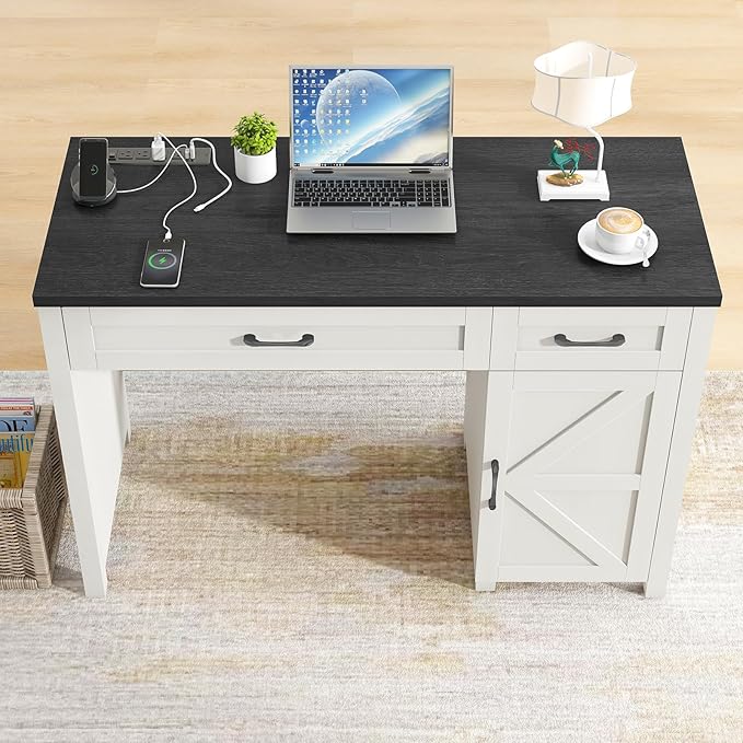 Vabches Farmhouse 47 Executive Desk Computer Desks with Drawers and Storage Cabinet Workstation Computer Desk for Home Office Study.(Black).