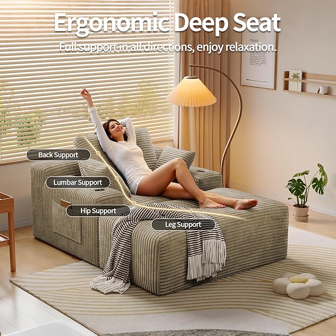 MoonSpeak 67 Boneless Reading Chair with Lounges Chaise Indoor Corduroy Cloud Couch with 1 Ottoman Upholstered Sleeper Sofa Bed with Wide Armrest and 3 Pillows for Living RoomReading Room (Khaki)