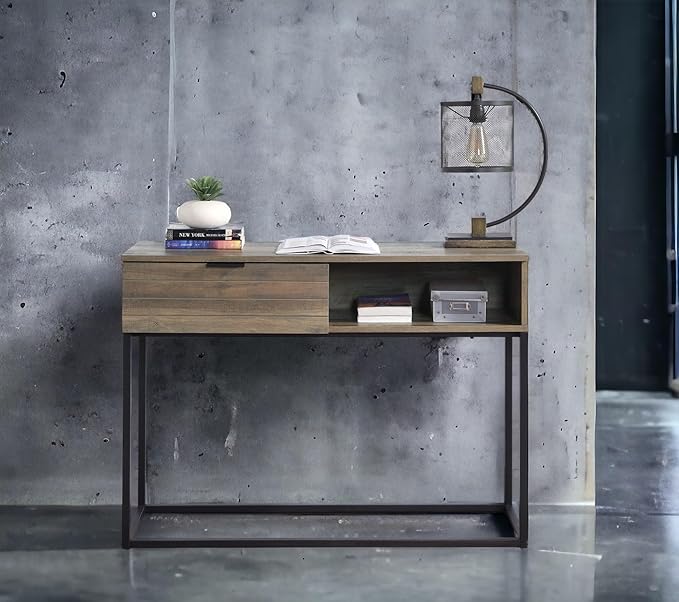Penau Rustic Oak Writing Desk with Black Metal Legs Compact Home Office Desk Modern Industrial Style Ample Storage Space