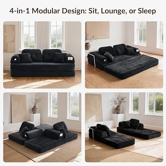 Floor Sofa Bed Corduroy Modular Couch for Small Apartment &amp Compact Space Convertible Futon Sofa with Large Ergonomic Back Cushions No Assembly Modern Loveseat (Graphite 82'')