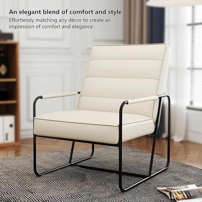 Modern Metal ed Armchair with Beige Technical Leather Stylish Comfortable Indoor Lounge Accent Chair for Living Room OfficeBedroom