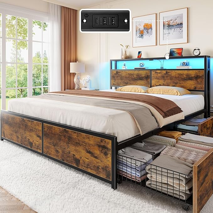 Rolanstar Queen Bed Frame with 4 Storage Drawers Charging Station and LED Lights Metal Platform Bed with 2-Tier Storage Headboard No Box Spring Needed Easy Assembly Noise-Free Rustic Brown