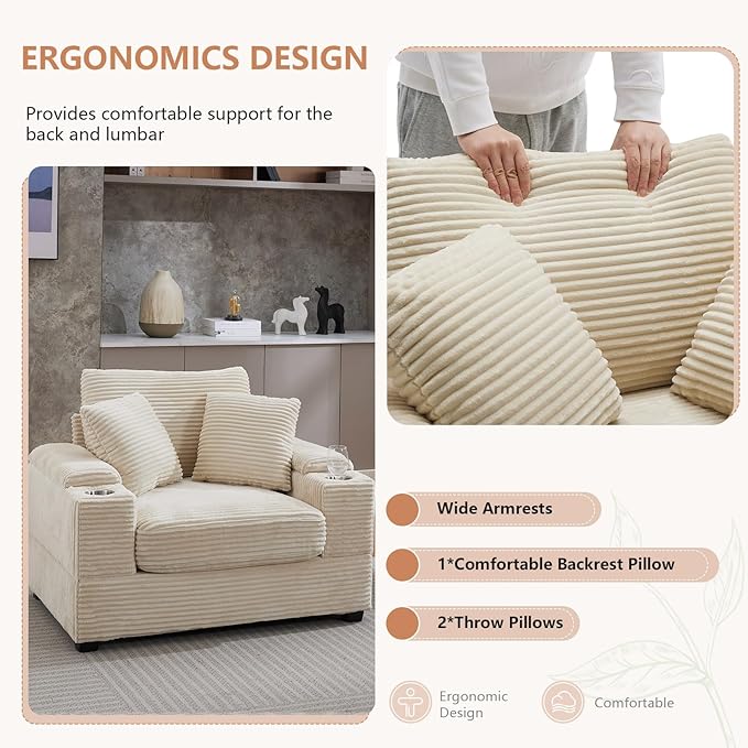 50 Oversized Chaise Lounge Chair Indoor with Ottoman and Storage Comfy Corduroy Sleeper Chair with Cup Holder Deep Seat Upholstered reading Chair Reclining Chair for Living Room Bedroom(Beige)