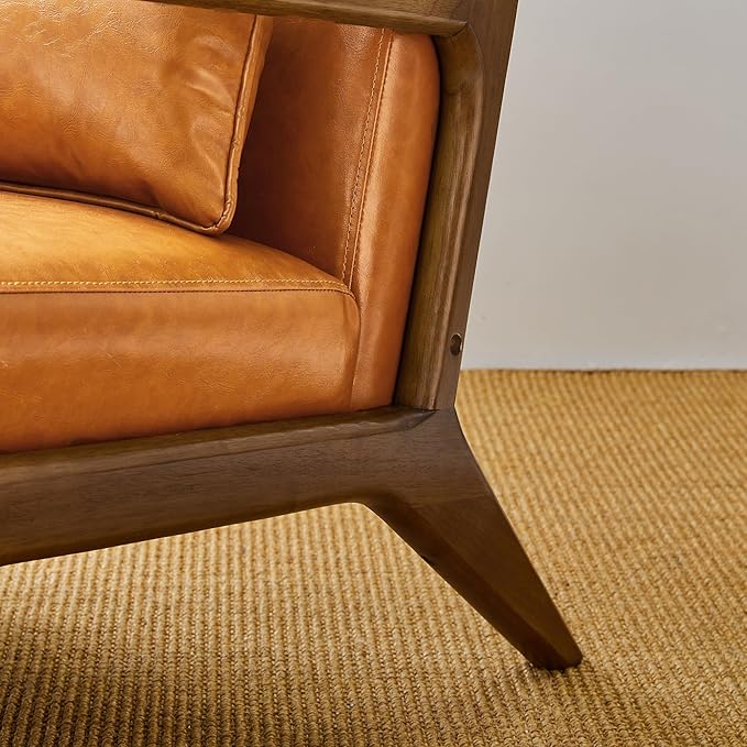 Glitzhome 30 H Mid Century Yellowish Brown Accent Armchair Single Reading Sofa PU Leather Lounge Chair with Walnut Ruberwood Frame for Livingroom or Office