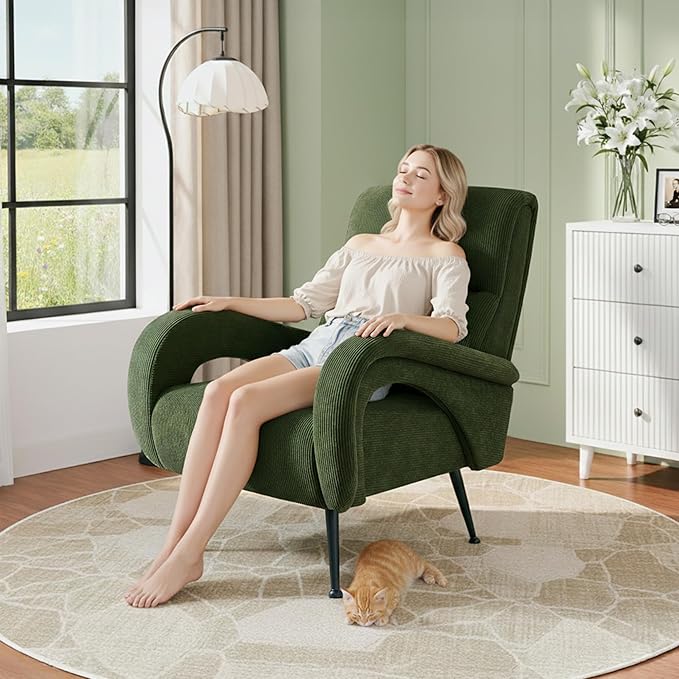 Modern Accent Chair Reading Chair with Corduroy Fabric Upholstered and Hight Backrest Single Sofa Chairs for Living Room Apartment Bedroom and Small Spaces. (Green)