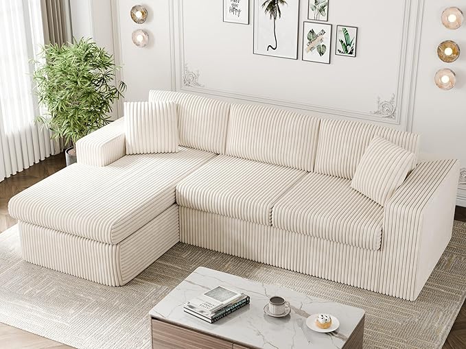 Vongrasig 105 Boneless Couches for Living Room Sectional Couches Modular Sofa with L-Shaped Chaise Memory Foam Comfy Cloud Couch with Plush Corduroy Fabric No Assembly Required Beige