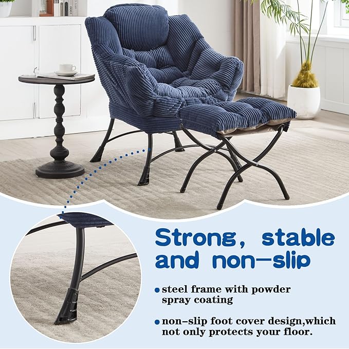 Lazy Chair with Ottoman &amp Storage Pocket Reading Chair for Bedroom Living Room Small Space Comfy Lounge Chairs Steel Frame Oversized Ergonomic Corduroy (Navy Blue)