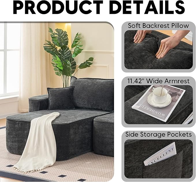 104 Cloud Sectional Couch Modern Modular L Shape Sectional Sofa with Deep Seat Chaise Comfy Chenille Boneless Couches for Living Room (Black Left Chaise)