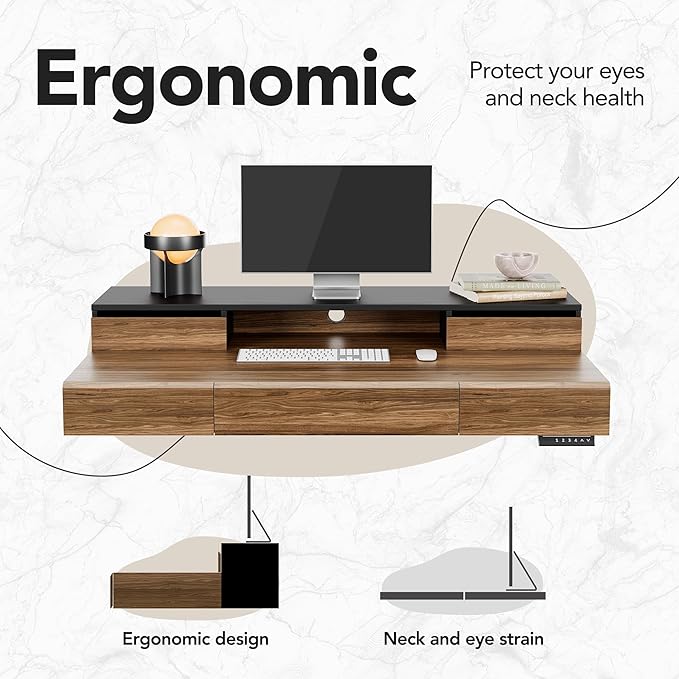 HUANUO Standing Desk with Drawers 48 Inches Electric Height Adjustable Desk with Storage Whole-Piece Board Sit Stand Up Desk with Monitor Shelf Black Walnut