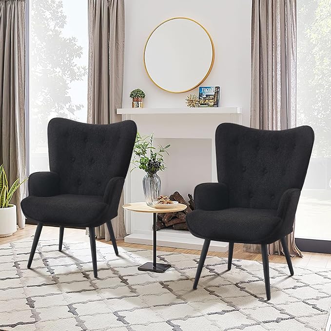 Furnimart Mid-Century Modern Accent Chairs Set of 2 Black Sherpa Wingback Reading Chairs with High Backrest Armchair for Living Room Bedroom Waiting Room