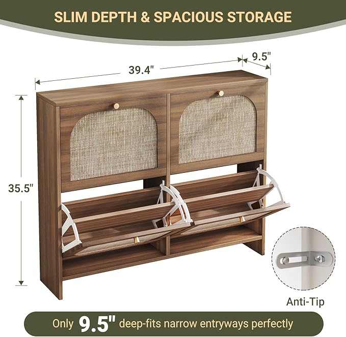 Nicetree Rattan Arched Accent Shoe Storage Cabinet - Freestanding Ultra Slim for Entryway 4 Flip Drawers &amp 3-Tier Adjustable Shelves Farmhouse Modern Rustic Shoe Rack for Hallway Foyer Living